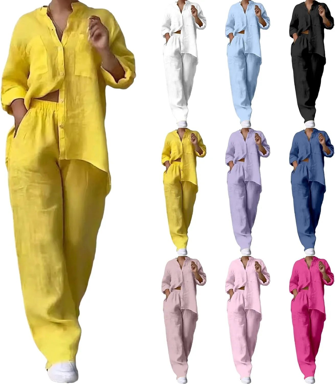 Womens 2 Piece Outfits Cotton Linen Sets Long Sleeve Button Down Shirts and Wide Leg Pants Lounge Sets Loungewear