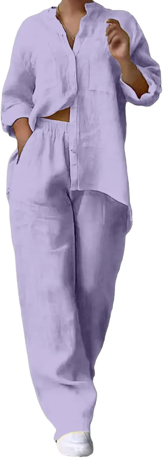 Womens 2 Piece Outfits Cotton Linen Sets Long Sleeve Button Down Shirts and Wide Leg Pants Lounge Sets Loungewear