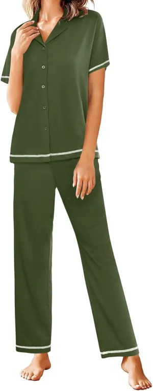 Women's 2 Piece Outfits Lapel Neck Short Sleeve Button Down Shirt Tops and Pants Summer Pajamas Loungewear Sets
