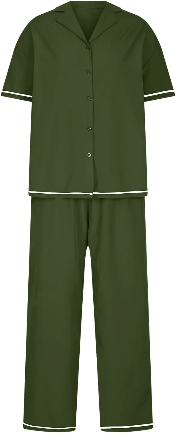 Women's 2 Piece Outfits Lapel Neck Short Sleeve Button Down Shirt Tops and Pants Summer Pajamas Loungewear Sets