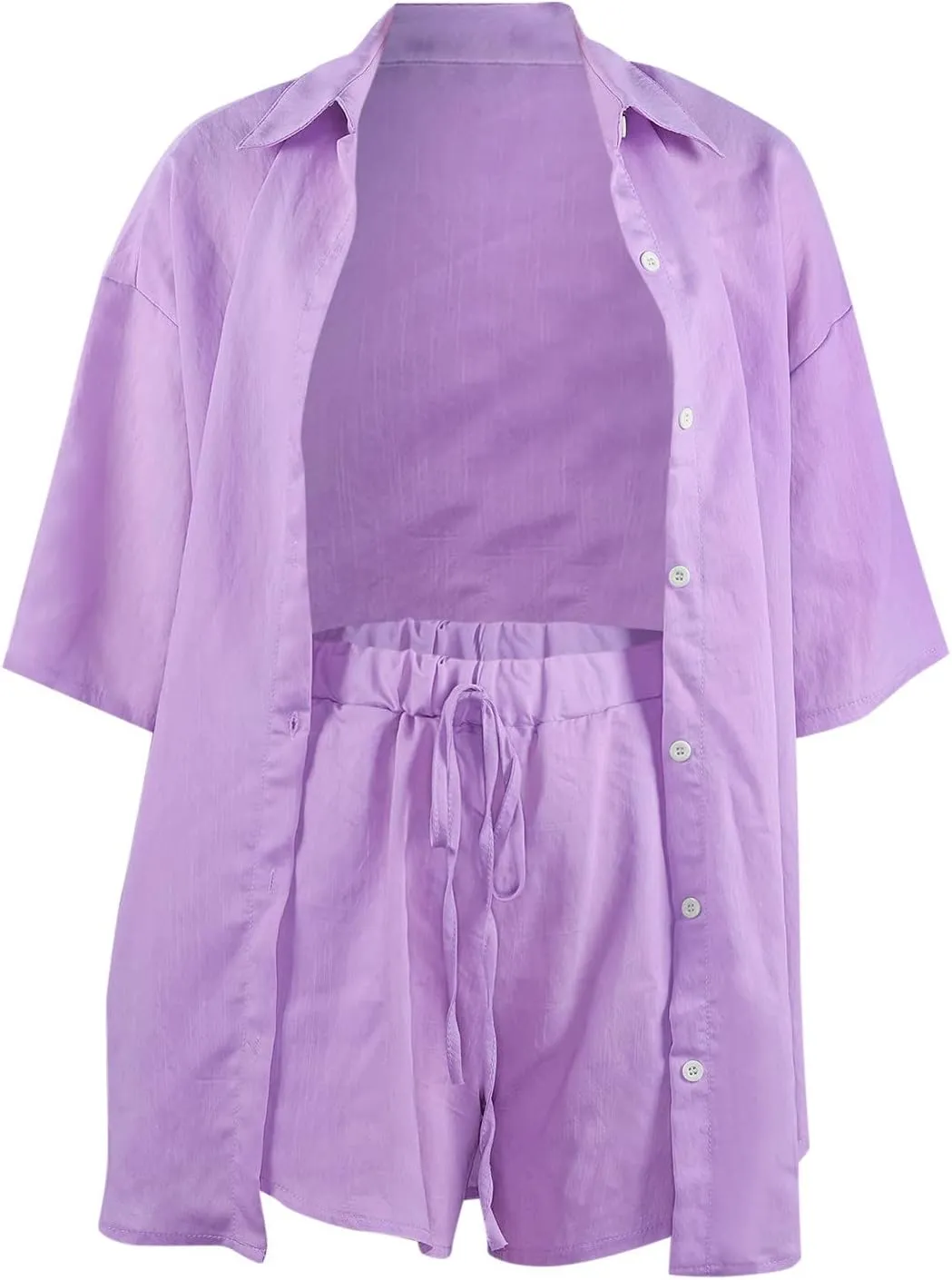 Women's 2 Piece Outfits Long Sleeve Button Down Shirts and Shorts Set Casual Macthing Lounge Set Sweatsuits Outfit