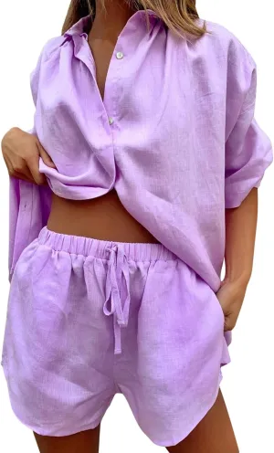 Women's 2 Piece Outfits Long Sleeve Button Down Shirts and Shorts Set Casual Macthing Lounge Set Sweatsuits Outfit