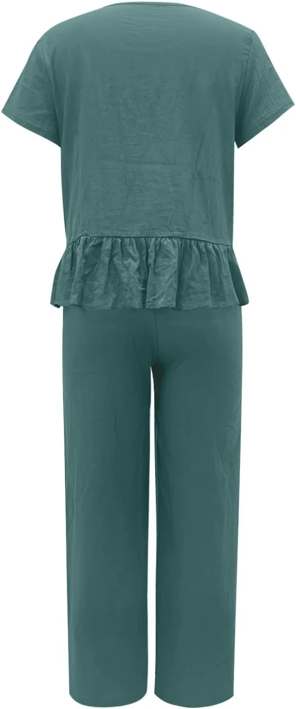 Women's 2 Piece Outfits Summer Cotton Linen Casual Matching Set Short Sleeve T Shirts and Pants with Pockets