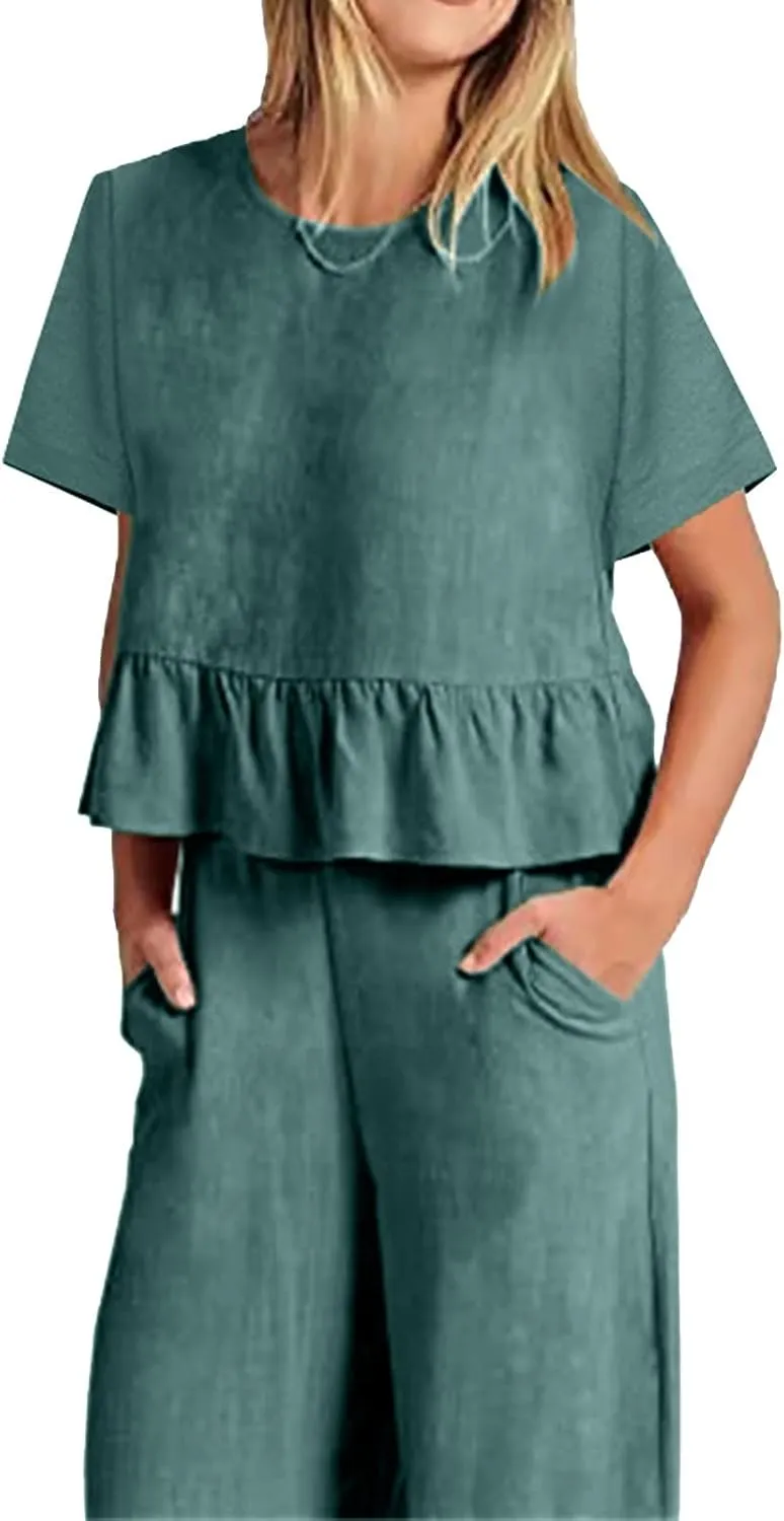 Women's 2 Piece Outfits Summer Cotton Linen Casual Matching Set Short Sleeve T Shirts and Pants with Pockets