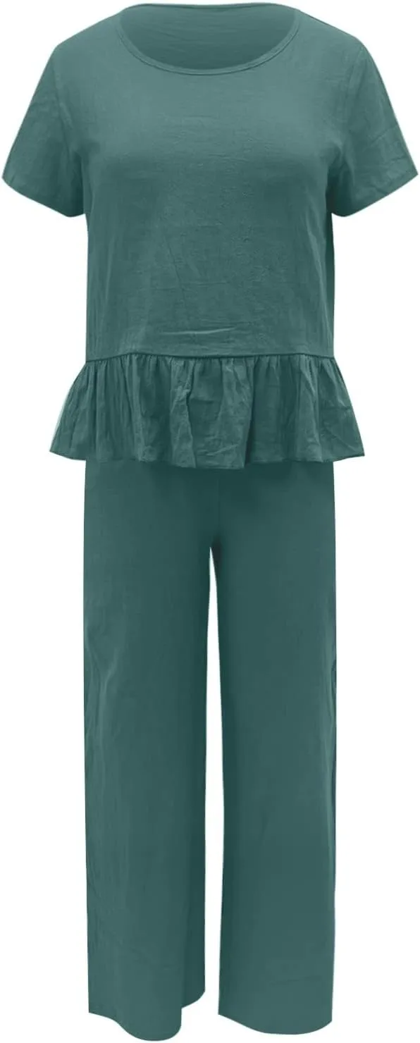 Women's 2 Piece Outfits Summer Cotton Linen Casual Matching Set Short Sleeve T Shirts and Pants with Pockets