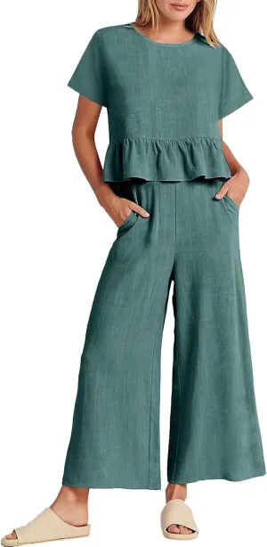 Women's 2 Piece Outfits Summer Cotton Linen Casual Matching Set Short Sleeve T Shirts and Pants with Pockets