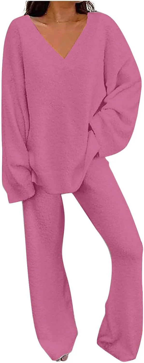 Women's 2 Piece Outfits V Neck Sweater Fuzzy Fleece Long Sleeve Pullover Tops   Wide Leg Pants Lounge Sets Pajama Sets