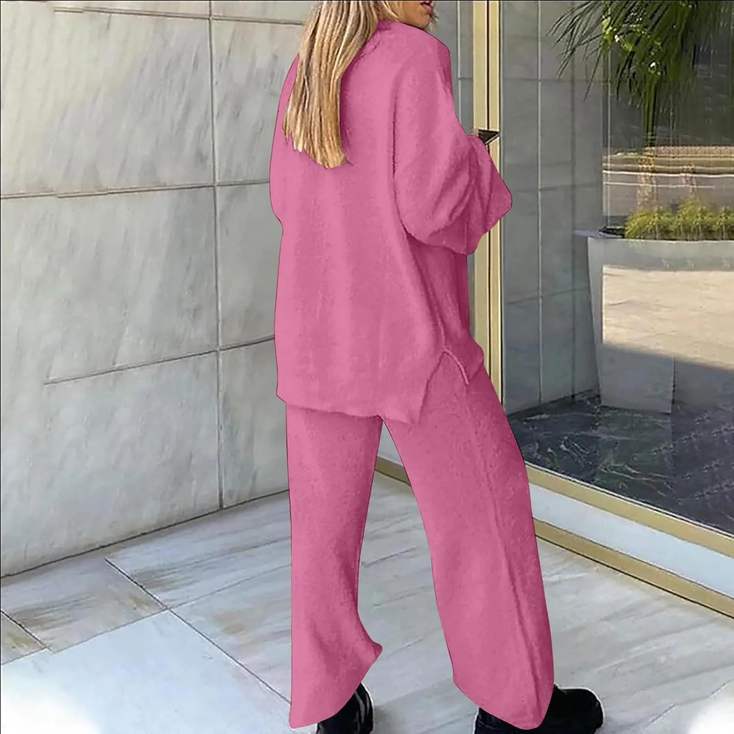 Women's 2 Piece Outfits V Neck Sweater Fuzzy Fleece Long Sleeve Pullover Tops   Wide Leg Pants Lounge Sets Pajama Sets