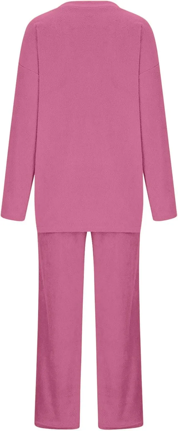Women's 2 Piece Outfits V Neck Sweater Fuzzy Fleece Long Sleeve Pullover Tops   Wide Leg Pants Lounge Sets Pajama Sets