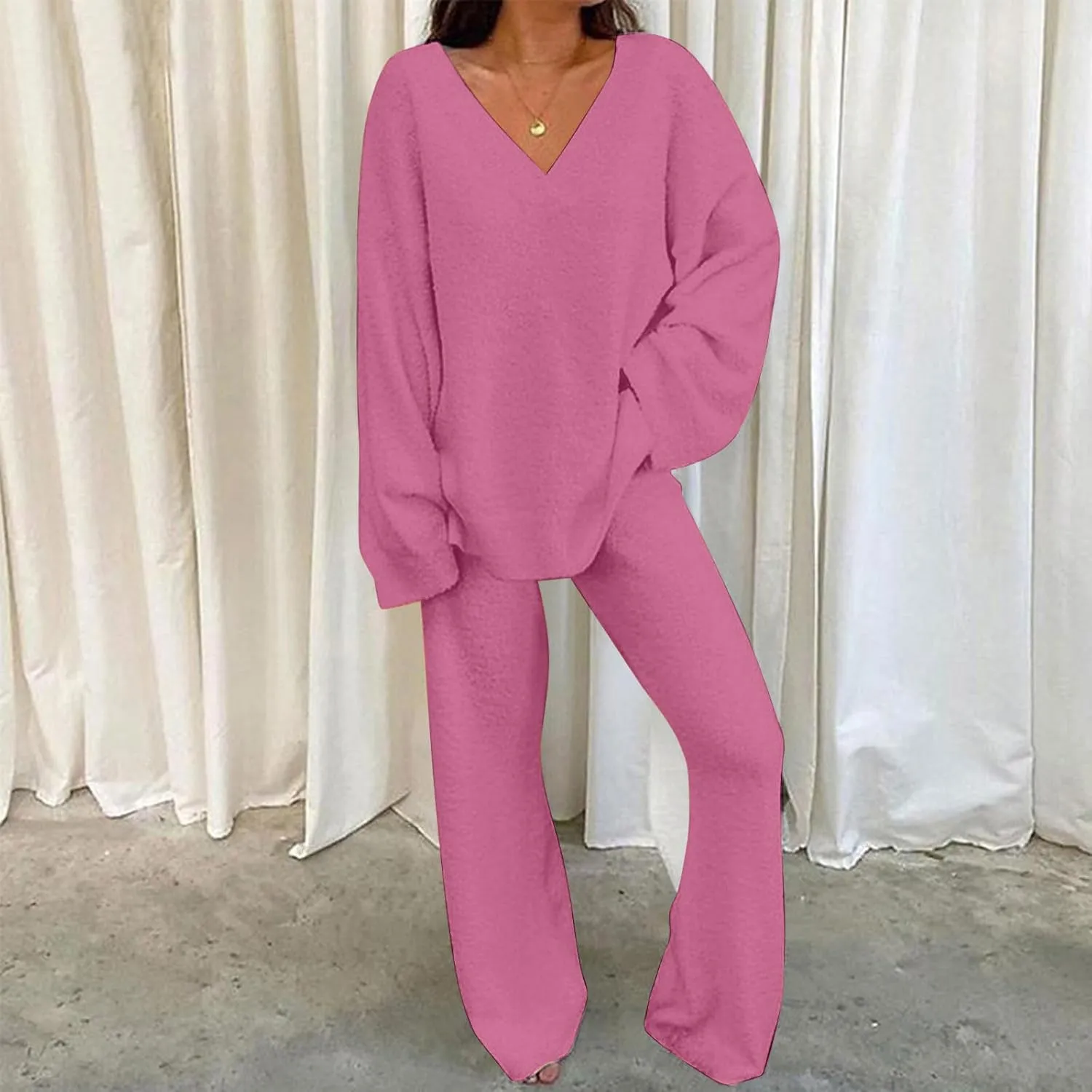Women's 2 Piece Outfits V Neck Sweater Fuzzy Fleece Long Sleeve Pullover Tops   Wide Leg Pants Lounge Sets Pajama Sets