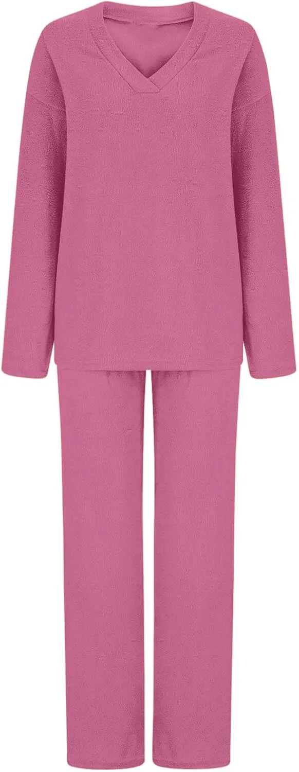Women's 2 Piece Outfits V Neck Sweater Fuzzy Fleece Long Sleeve Pullover Tops   Wide Leg Pants Lounge Sets Pajama Sets