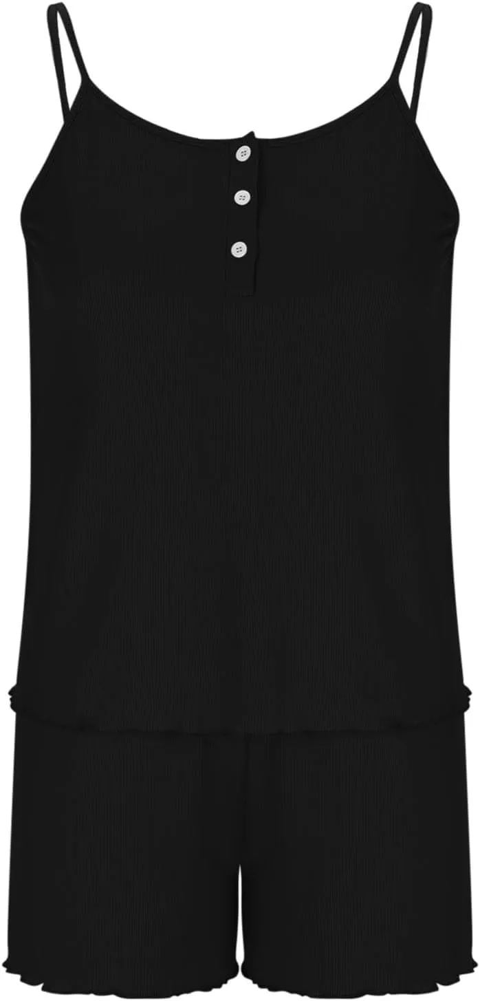 Women's 2 Piece Pajama Sets Button V Neck Spaghetti Strap Cami Top with Shorts Lounge Sets Soft Comfy Sleepwear