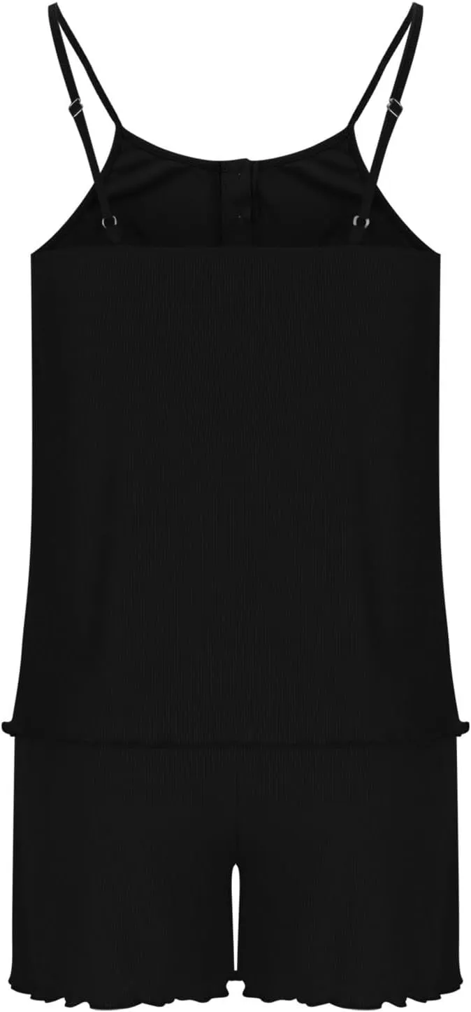 Women's 2 Piece Pajama Sets Button V Neck Spaghetti Strap Cami Top with Shorts Lounge Sets Soft Comfy Sleepwear