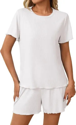 Womens 2 Piece Pajama Sets Casual Loose Crewneck Short Sleeve Tops Ruffle Hem Shorts Outifits Summer Comfy Tracksuit