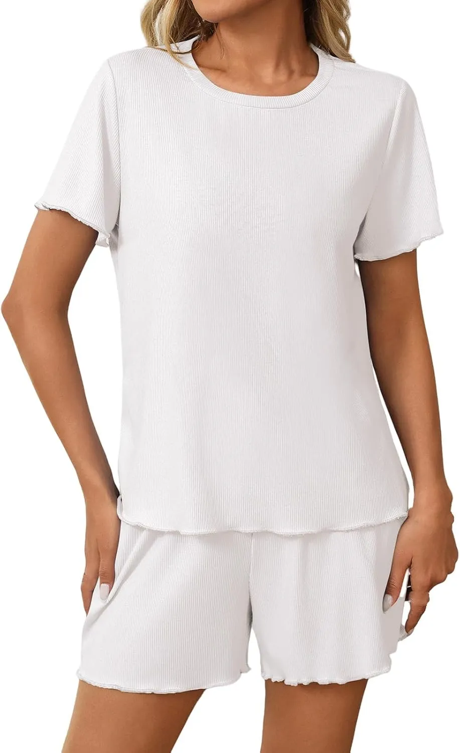 Womens 2 Piece Pajama Sets Casual Loose Crewneck Short Sleeve Tops Ruffle Hem Shorts Outifits Summer Comfy Tracksuit