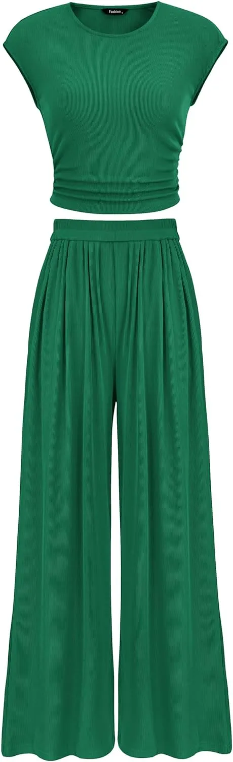 Womens 2 Piece Set  Ribbed Knit Fitted Tops Pleated Flowy pants wear as casual or for dress