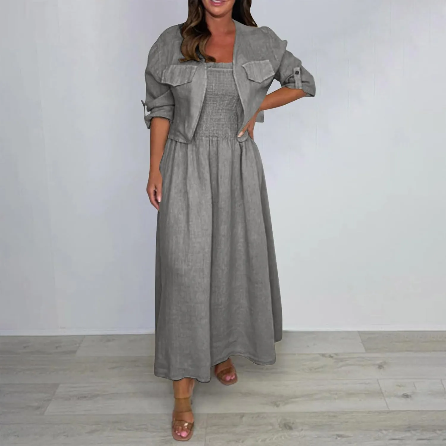 Womens 2 Piece Sets Open Front Cardigan and Sexy Spaghetti Strap Maxi Dresses Party Outfits Cotton Linen Lounge Set