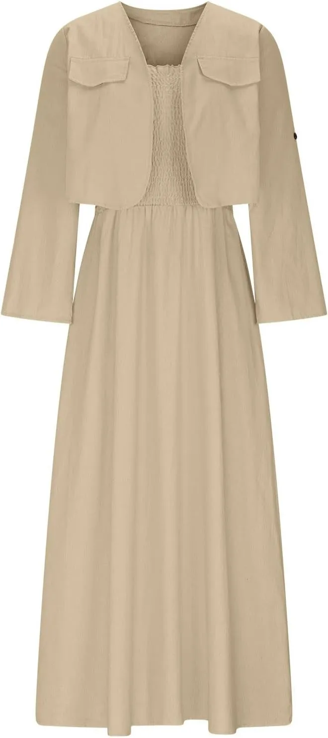 Womens 2 Piece Sets Open Front Cardigan and Sexy Spaghetti Strap Maxi Dresses Party Outfits Cotton Linen Lounge Set
