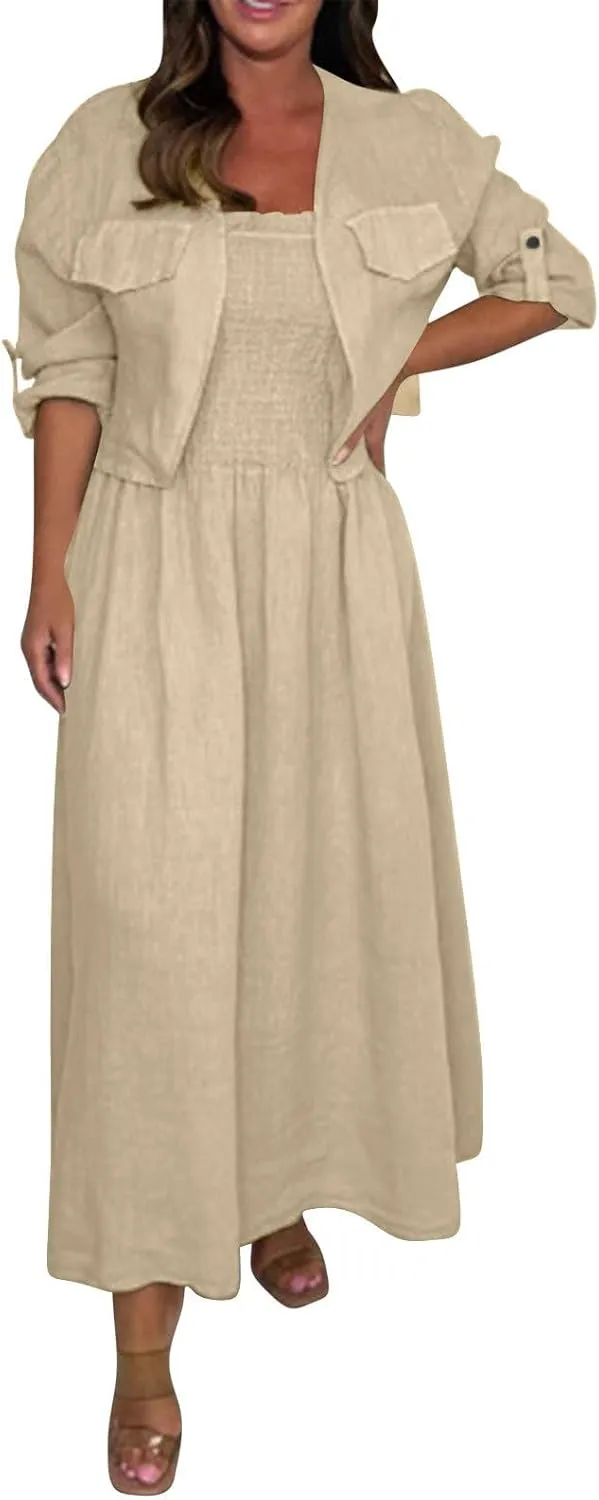 Womens 2 Piece Sets Open Front Cardigan and Sexy Spaghetti Strap Maxi Dresses Party Outfits Cotton Linen Lounge Set