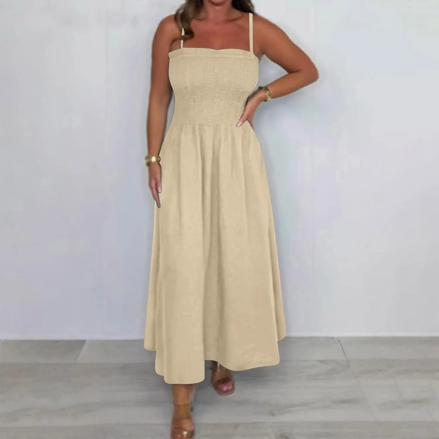 Womens 2 Piece Sets Open Front Cardigan and Sexy Spaghetti Strap Maxi Dresses Party Outfits Cotton Linen Lounge Set