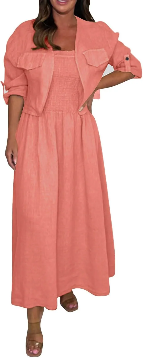 Womens 2 Piece Sets Open Front Cardigan and Sexy Spaghetti Strap Maxi Dresses Party Outfits Cotton Linen Lounge Set