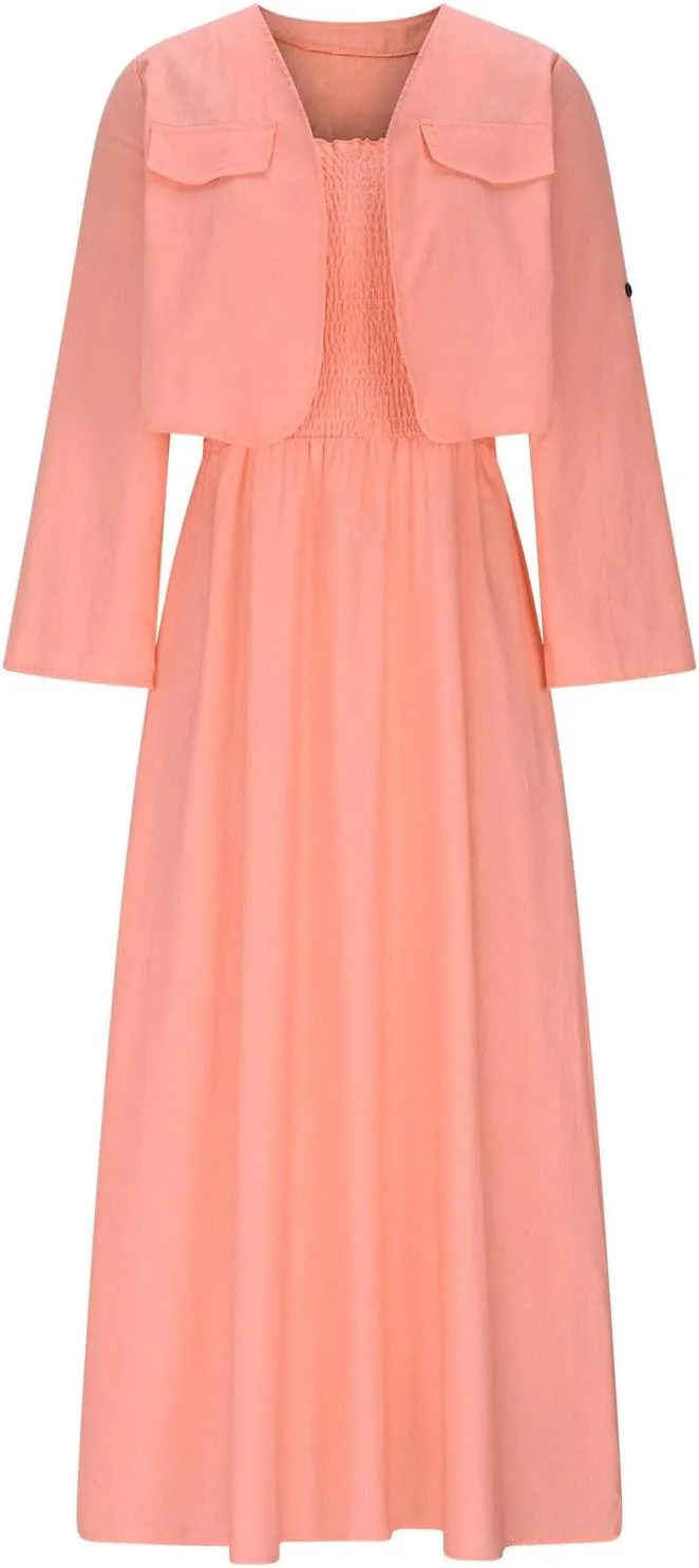 Womens 2 Piece Sets Open Front Cardigan and Sexy Spaghetti Strap Maxi Dresses Party Outfits Cotton Linen Lounge Set