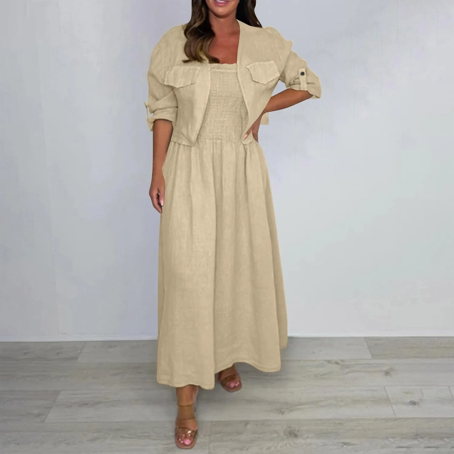 Womens 2 Piece Sets Open Front Cardigan and Sexy Spaghetti Strap Maxi Dresses Party Outfits Cotton Linen Lounge Set
