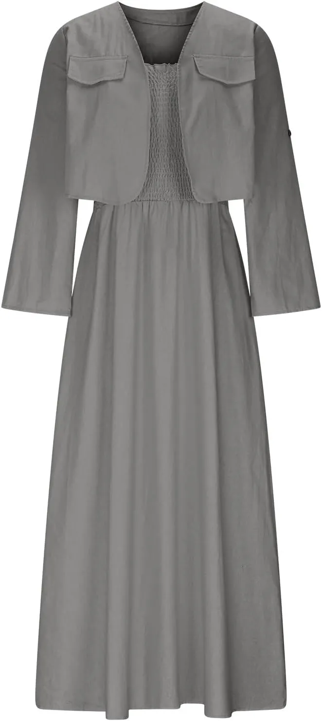 Womens 2 Piece Sets Open Front Cardigan and Sexy Spaghetti Strap Maxi Dresses Party Outfits Cotton Linen Lounge Set