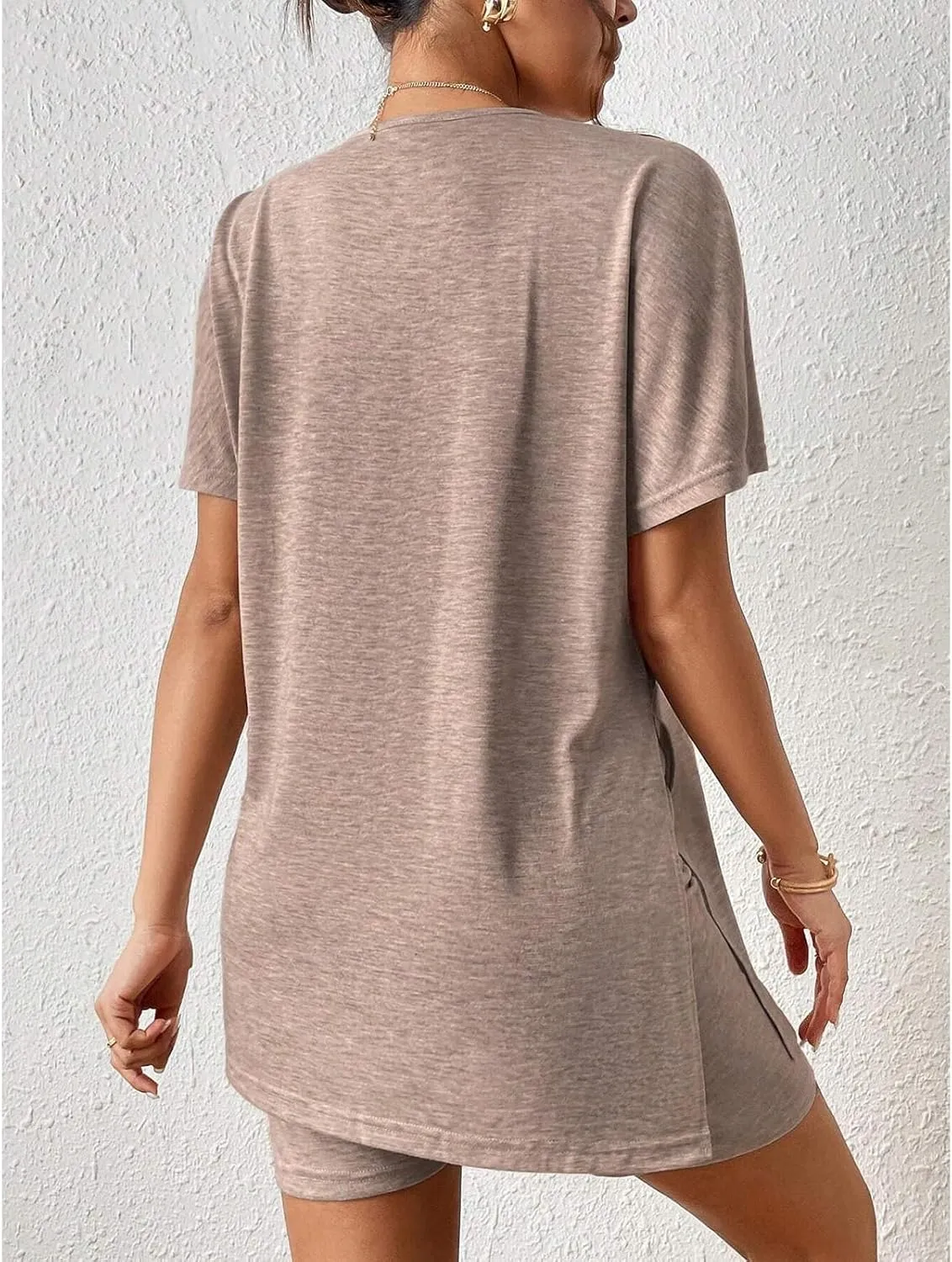 Women's 2 Piece Short Sets Casual Plus Size Split Hem Crew Neck Short Sleeve Tops Short Leggings Outfits Tracksuits