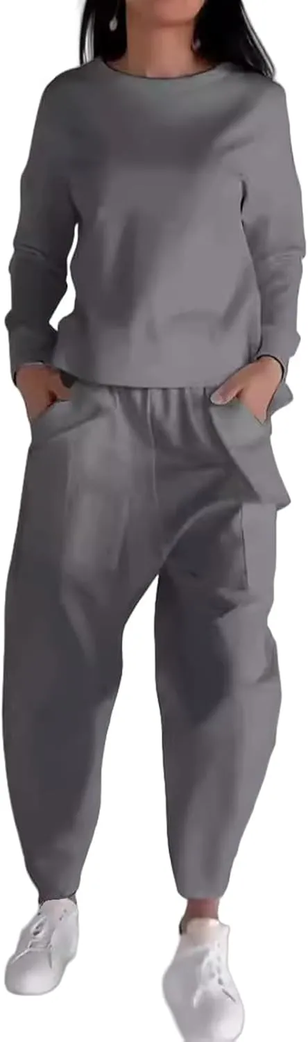 Womens 2 Piece Tracksuit Long Sleeve Crewneck Pullover Tops Baggy Sweatpants Workout Lounge Sets