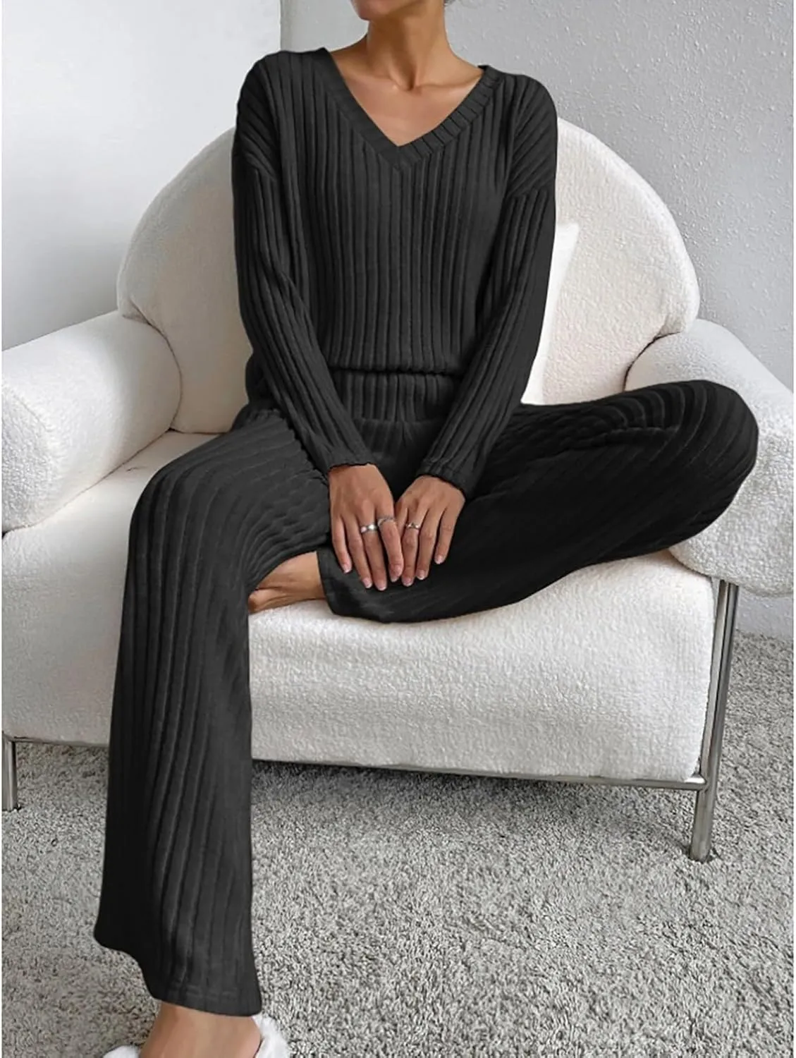 Women's 2024 Fashion Casual Straight Leg Pants Loose V Neck Knit Set Pajamas Autumn and Winter Comfort Sleepwear