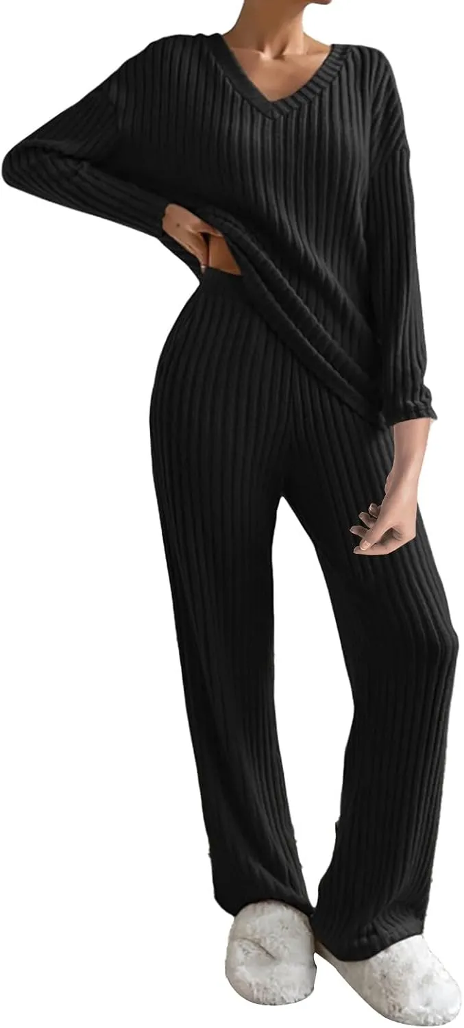Women's 2024 Fashion Casual Straight Leg Pants Loose V Neck Knit Set Pajamas Autumn and Winter Comfort Sleepwear