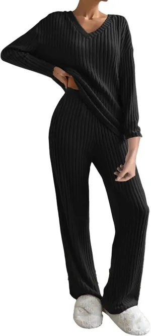 Women's 2024 Fashion Casual Straight Leg Pants Loose V Neck Knit Set Pajamas Autumn and Winter Comfort Sleepwear