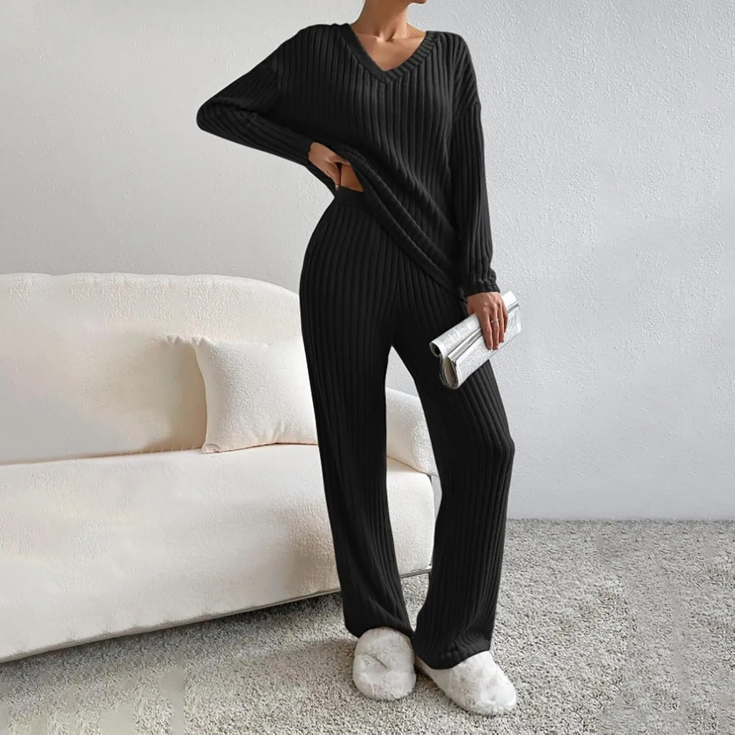 Women's 2024 Fashion Casual Straight Leg Pants Loose V Neck Knit Set Pajamas Autumn and Winter Comfort Sleepwear