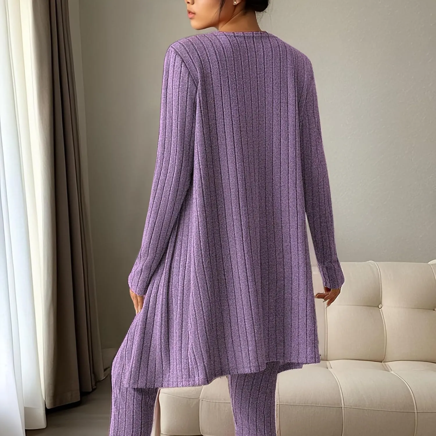 Women's 3 Piece Lounge Sweatsuit Ribbed Knit Long Sleeve Cardigan Sleeveless Crop Tank Top Legging Pants Loungewear Sets
