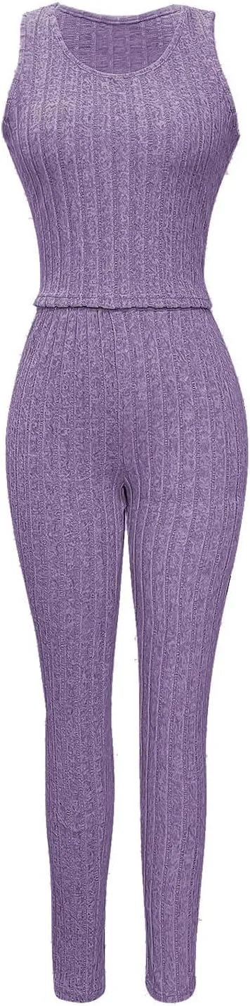 Women's 3 Piece Lounge Sweatsuit Ribbed Knit Long Sleeve Cardigan Sleeveless Crop Tank Top Legging Pants Loungewear Sets