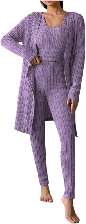 Women's 3 Piece Lounge Sweatsuit Ribbed Knit Long Sleeve Cardigan Sleeveless Crop Tank Top Legging Pants Loungewear Sets
