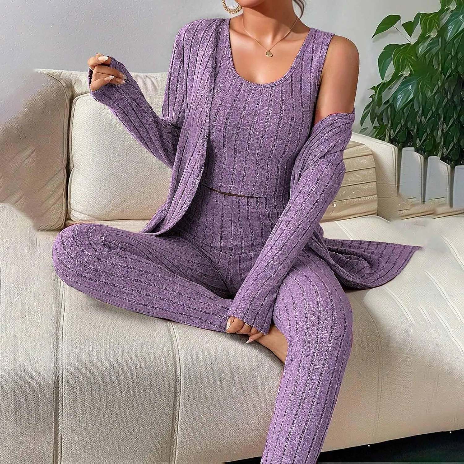Women's 3 Piece Lounge Sweatsuit Ribbed Knit Long Sleeve Cardigan Sleeveless Crop Tank Top Legging Pants Loungewear Sets