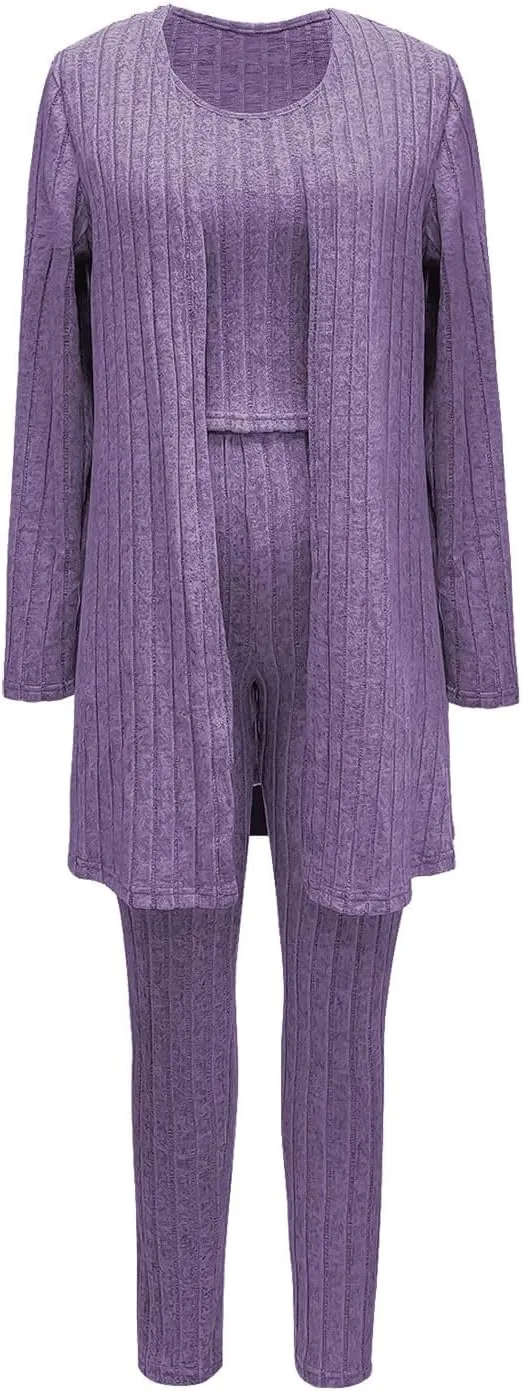 Women's 3 Piece Lounge Sweatsuit Ribbed Knit Long Sleeve Cardigan Sleeveless Crop Tank Top Legging Pants Loungewear Sets