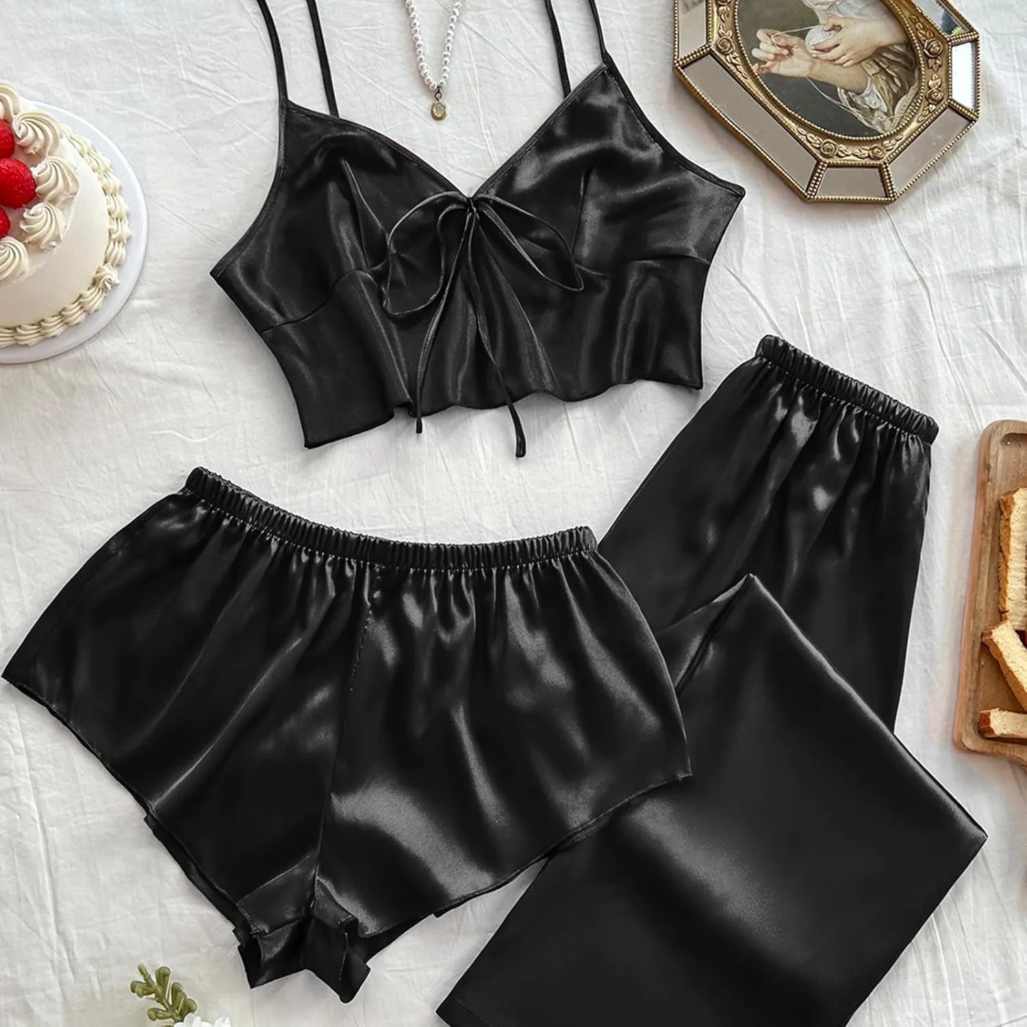 Women's 3 Piece Satin Pj Set Frill Cami Crop Top Shorts Pants Sleepwear Ladies Silk Pajamas Sets Comfy Sleepwear