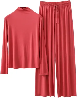 Women's Basic Modal Lounge Sets Long Sleeve Turtleneck Tops and Wide Leg Pants Soft Comfy Sleepwear 2 Piece Outfit