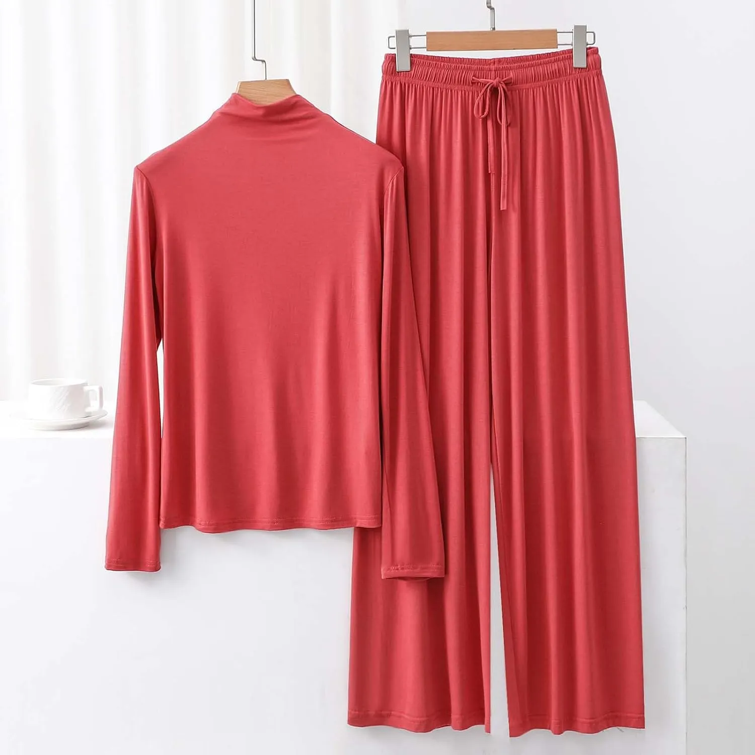 Women's Basic Modal Lounge Sets Long Sleeve Turtleneck Tops and Wide Leg Pants Soft Comfy Sleepwear 2 Piece Outfit