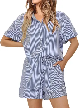 Womens Casual 2 Piece Outfits Dressy Lapel Button Down Short Sleeve Shirt Drawstring Shorts Sets Tendy Striped Sets