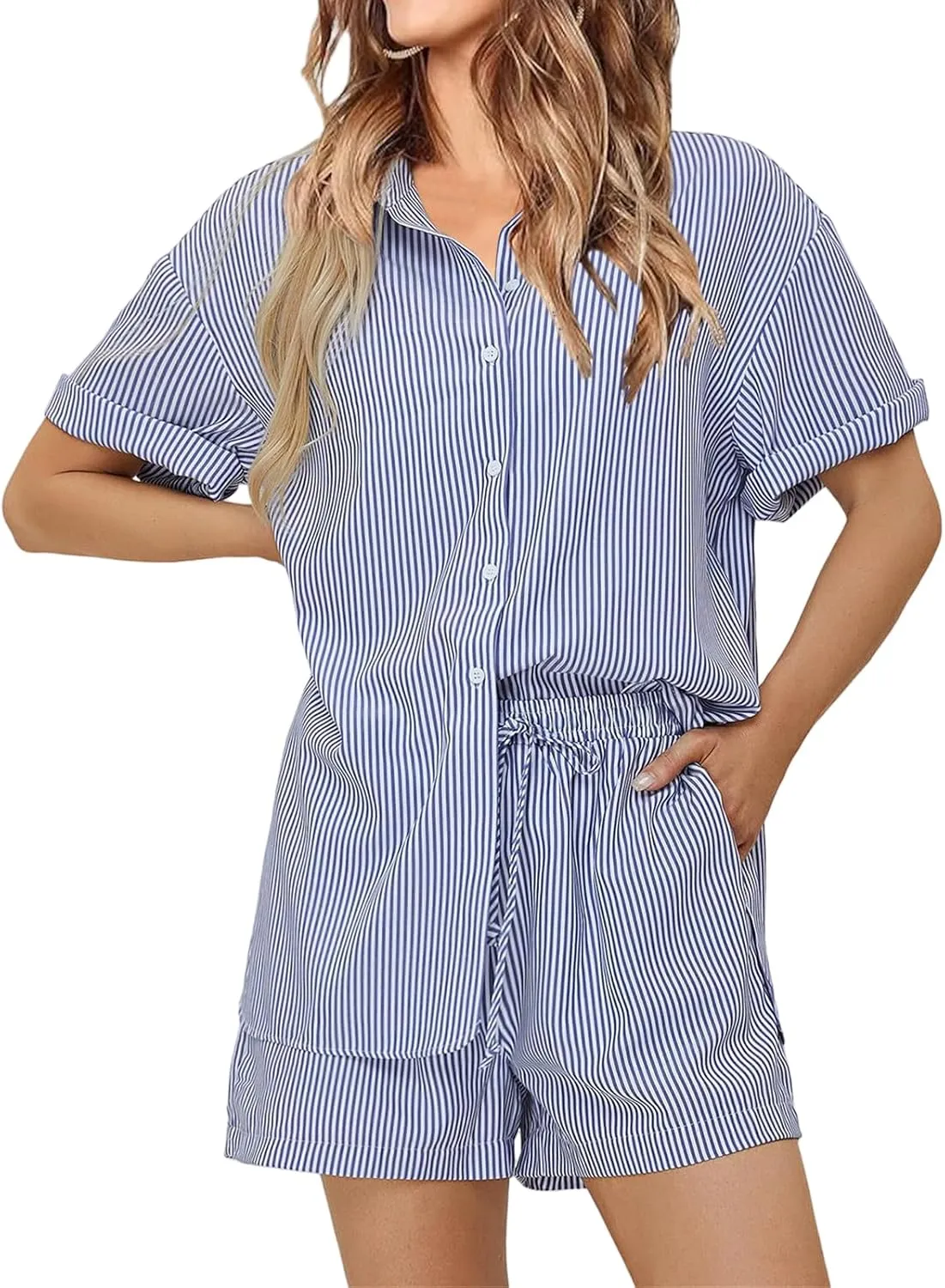 Womens Casual 2 Piece Outfits Dressy Lapel Button Down Short Sleeve Shirt Drawstring Shorts Sets Tendy Striped Sets