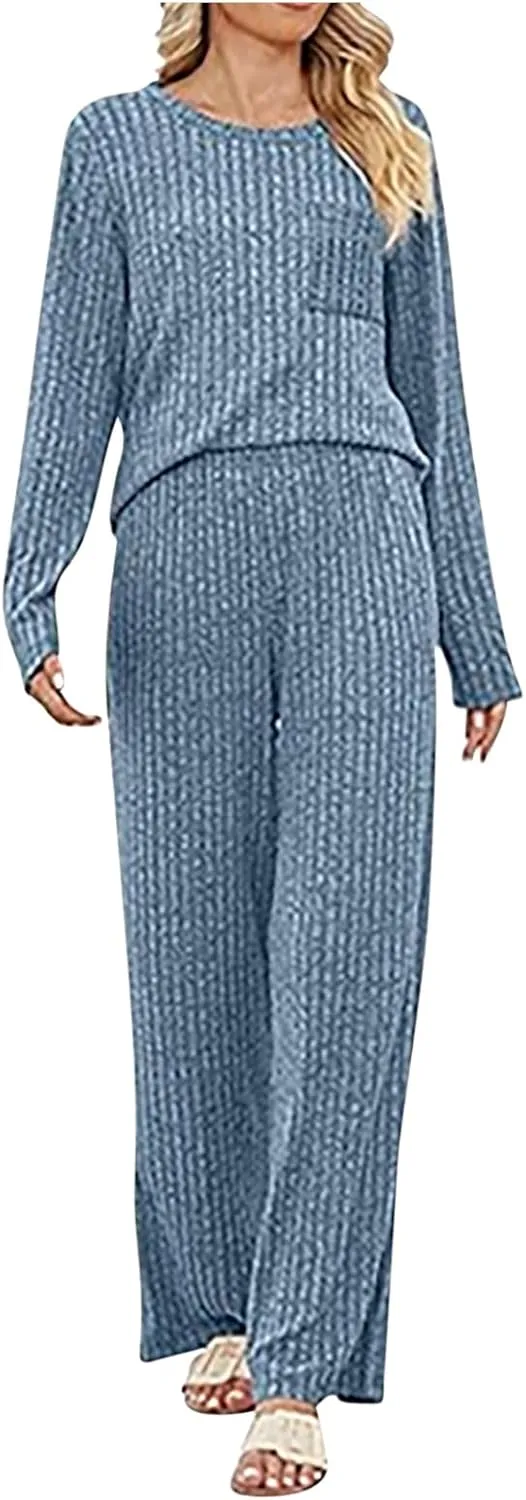 Womens Casual Solid Lounge Sets 2 Piece Front Pocket Knit Pullover Top and High Waisted Wide Leg Long Pants Tracksuit