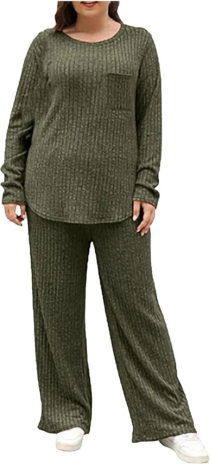 Womens Casual Solid Lounge Sets 2 Piece Front Pocket Knit Pullover Top and High Waisted Wide Leg Long Pants Tracksuit