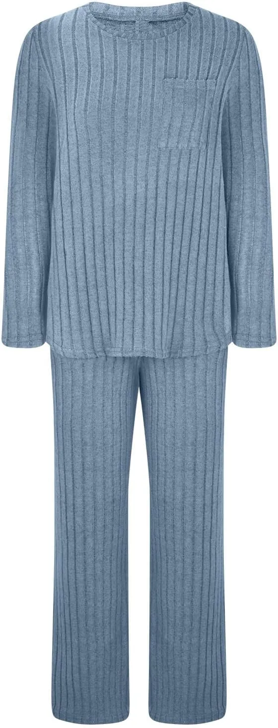 Womens Casual Solid Lounge Sets 2 Piece Front Pocket Knit Pullover Top and High Waisted Wide Leg Long Pants Tracksuit