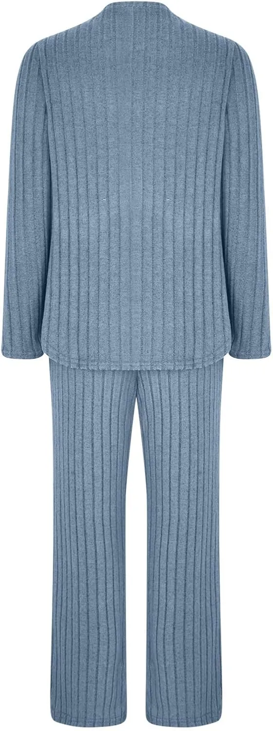 Womens Casual Solid Lounge Sets 2 Piece Front Pocket Knit Pullover Top and High Waisted Wide Leg Long Pants Tracksuit