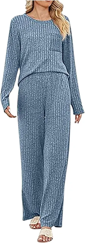 Womens Casual Solid Lounge Sets 2 Piece Front Pocket Knit Pullover Top and High Waisted Wide Leg Long Pants Tracksuit