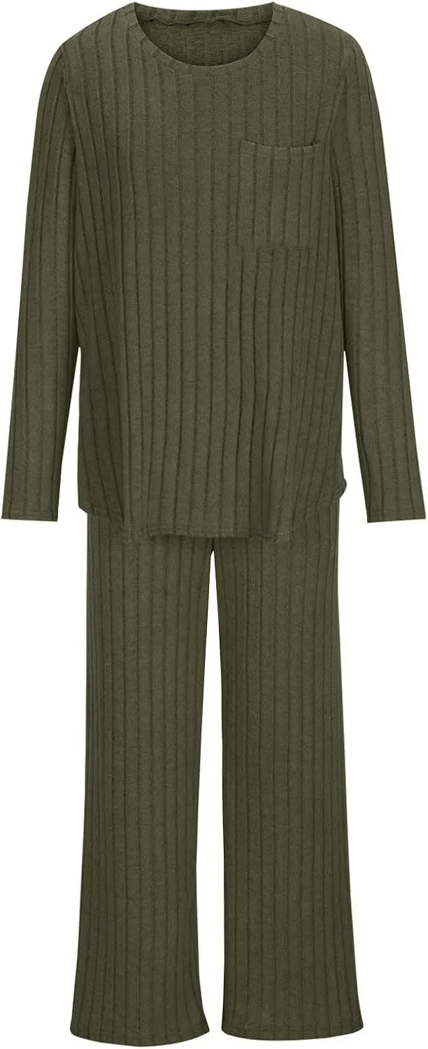 Womens Casual Solid Lounge Sets 2 Piece Front Pocket Knit Pullover Top and High Waisted Wide Leg Long Pants Tracksuit